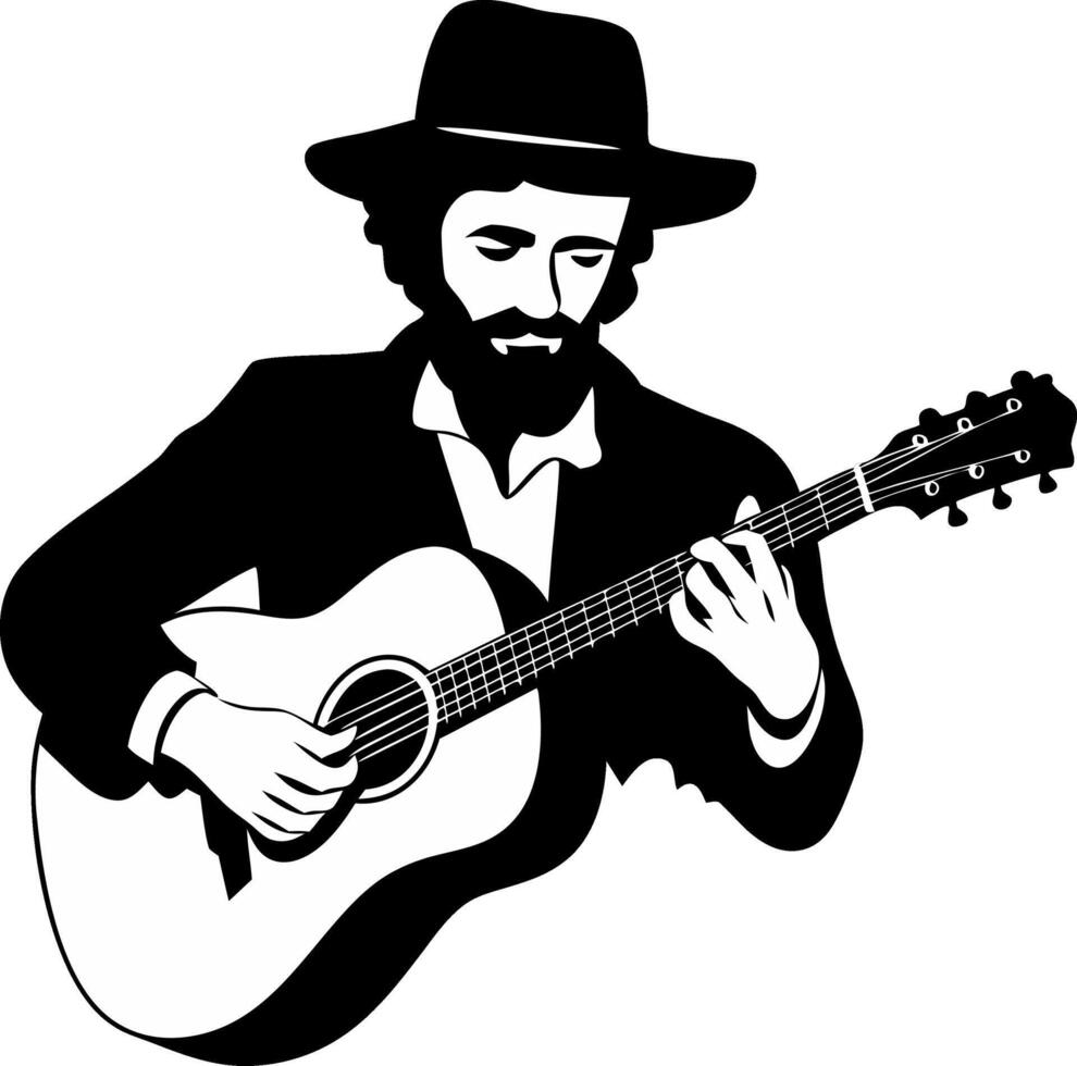 Illustration Man Playing Acoustic Guitar in Hat with Beard Musicianship vector