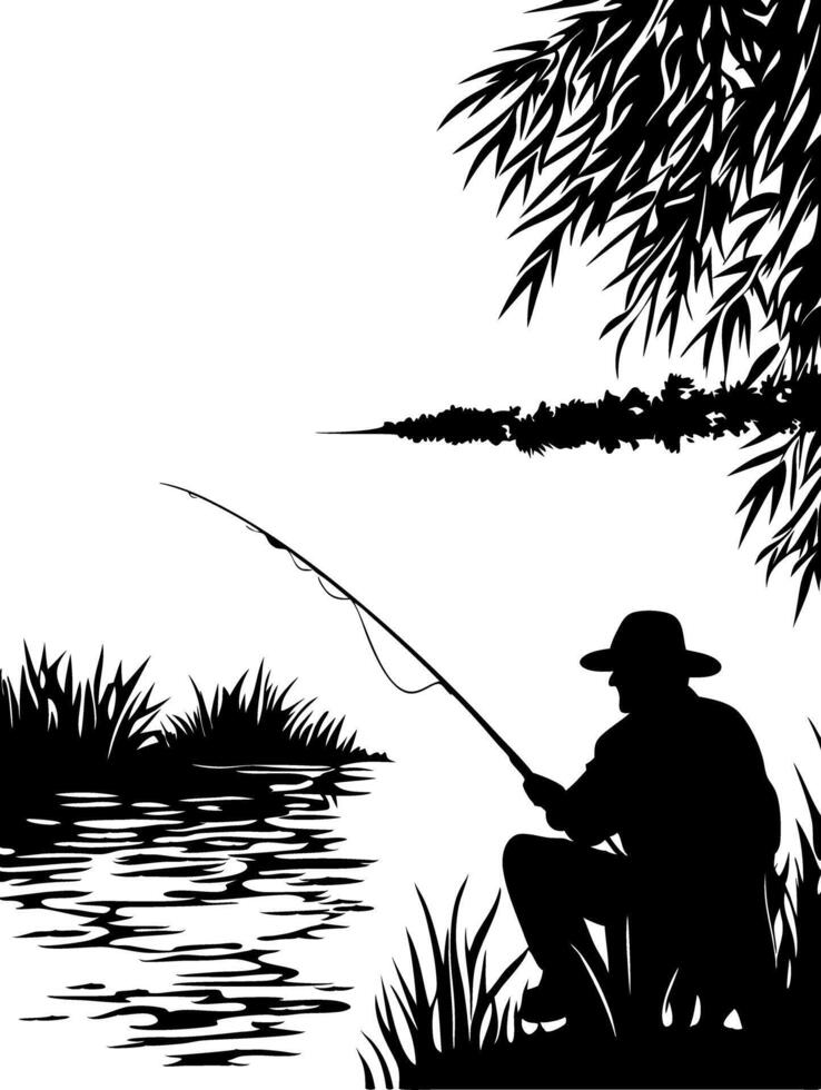 Silhouette of Man Fishing by Tranquil Lake Under Tree Illustration vector
