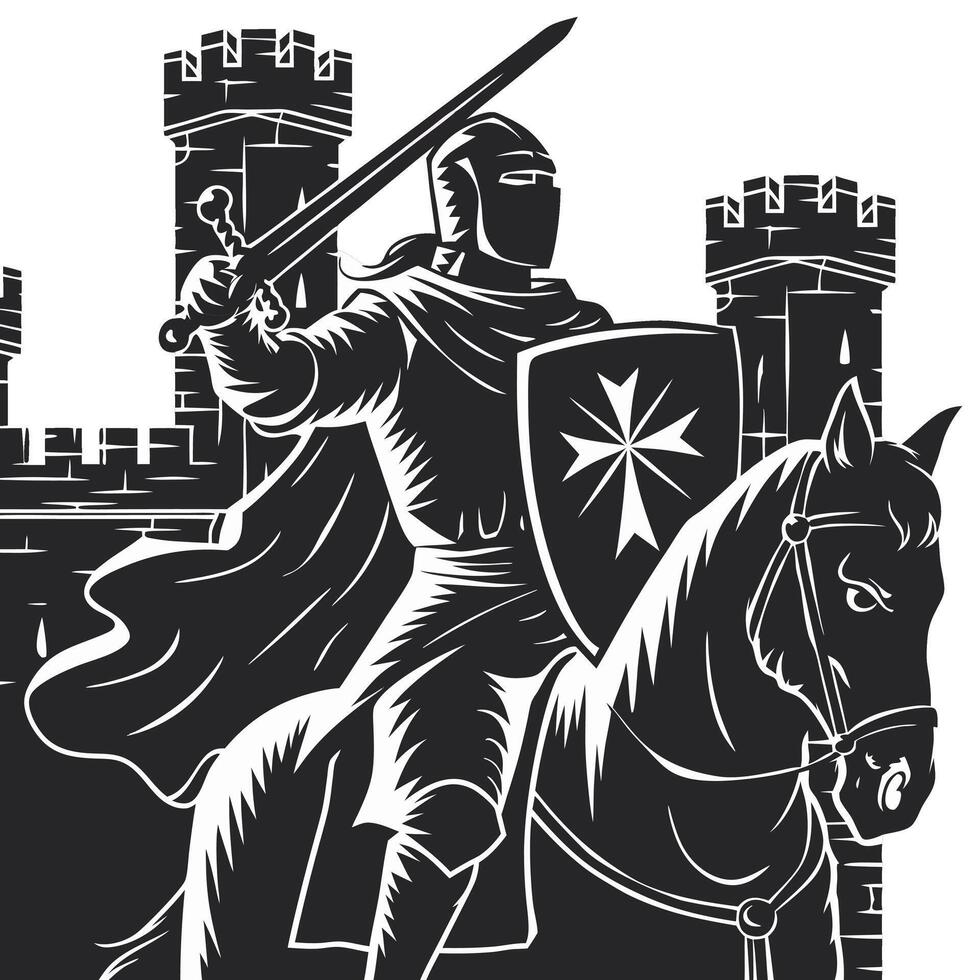 Medieval Knight on Horseback with Sword and Shield in Castle Setting Art vector