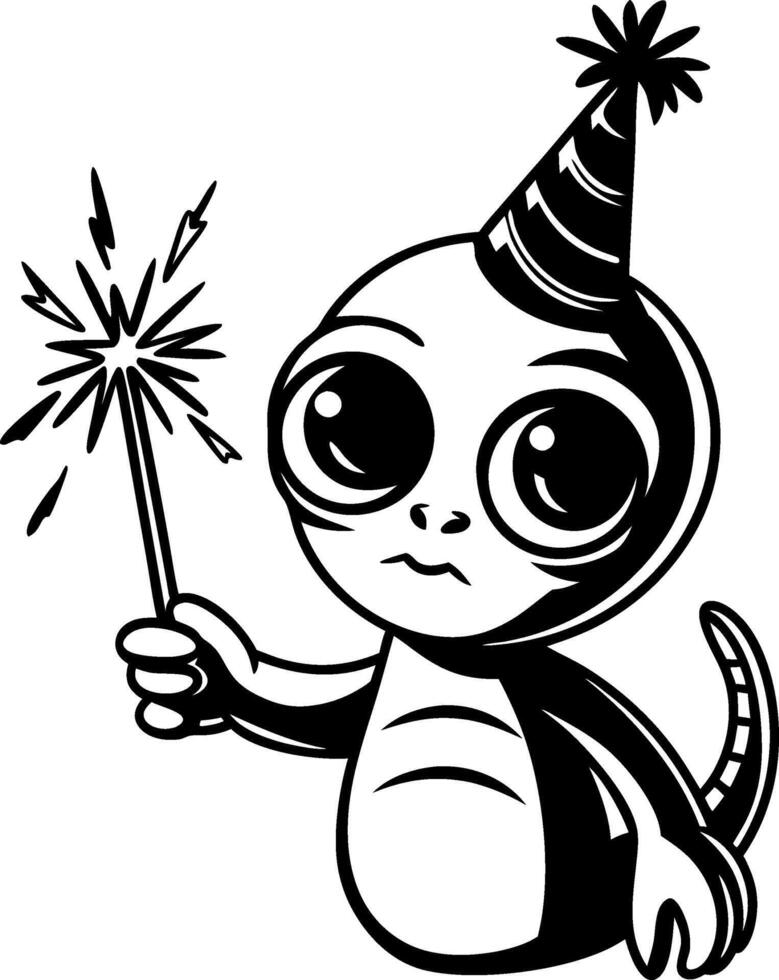Cute Cartoon Alien Holding Sparkler in Party Hat for Celebration Designs vector