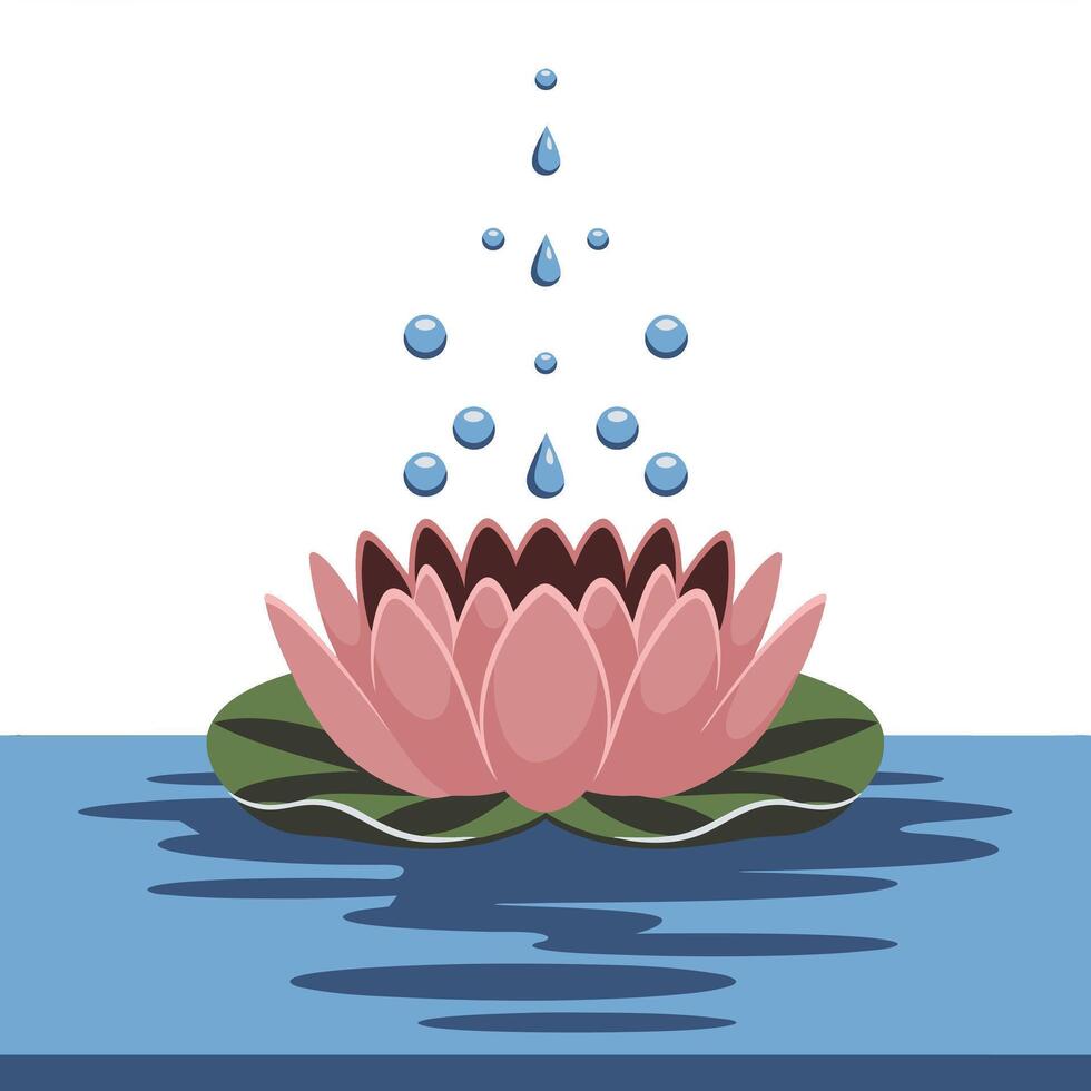 Illustration Pink Lotus Flower with Water Droplets on Blue Water Surface vector