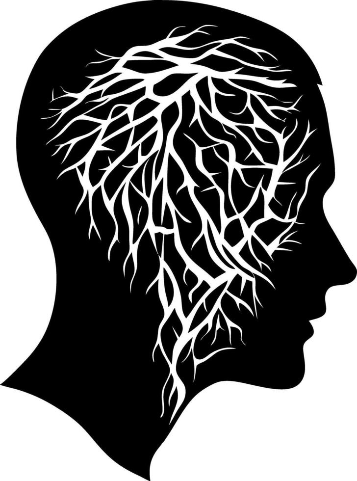 Human Head Silhouette with Branching Tree Roots Brain Illustration vector