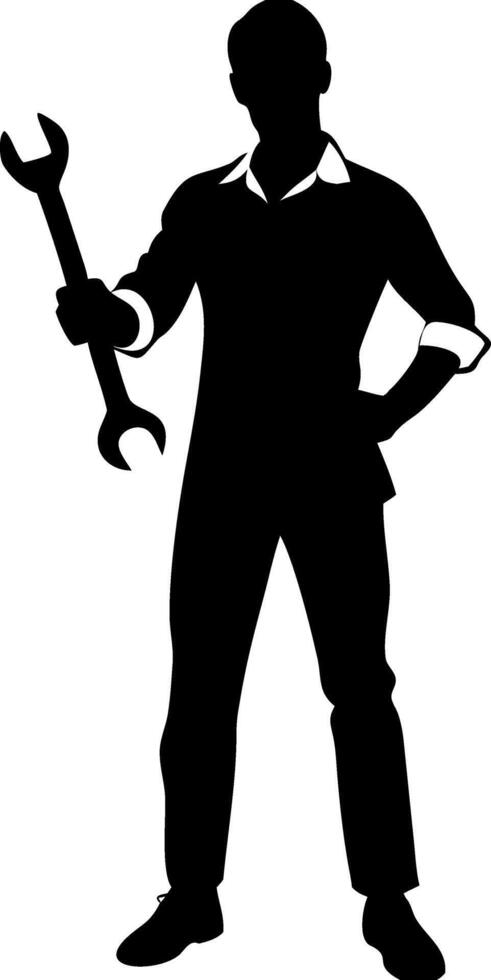 Silhouette of Mechanic Holding Wrench for Repair and Maintenance vector