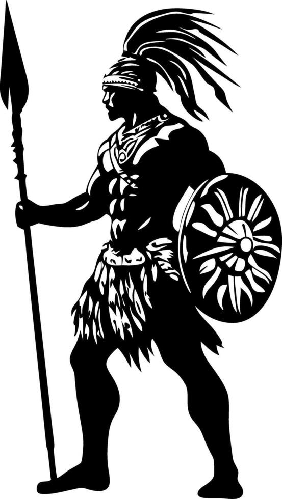 Warrior Silhouette Holding Spear and Shield Tribal Illustration vector