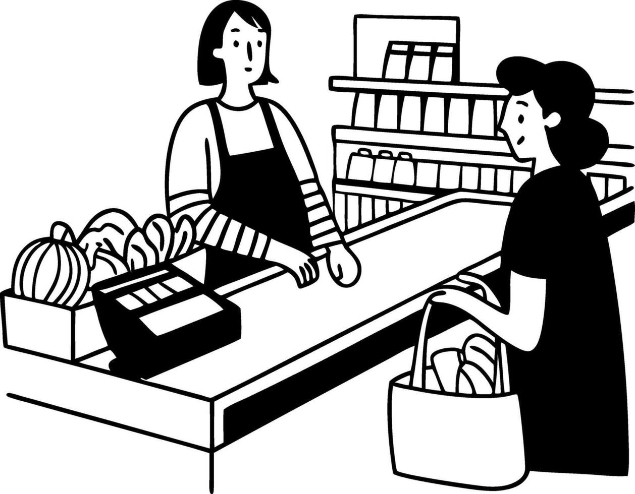 Illustration Grocery Store Checkout Interaction Customer and Cashier vector