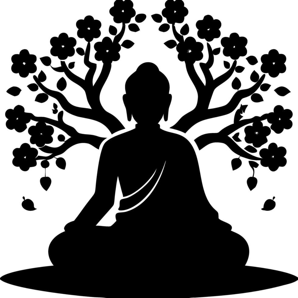 Meditating Buddha Silhouette with Floral Tree Art for Peace and Mindfulness Designs vector