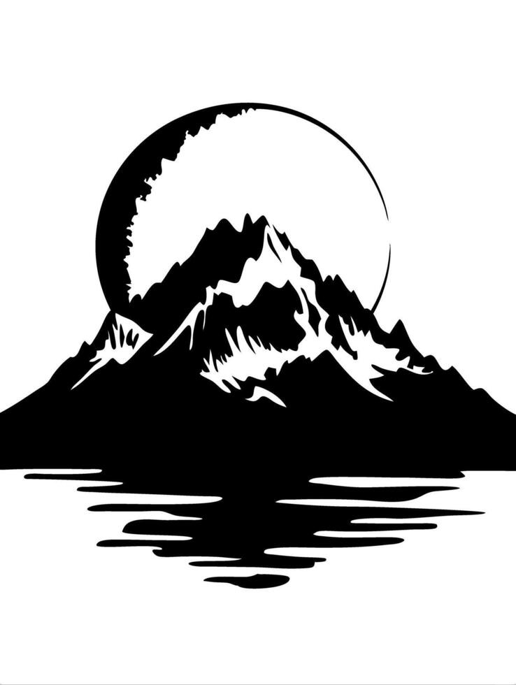 Mountain Silhouette Reflection with Moon in Tranquil Lake Art vector
