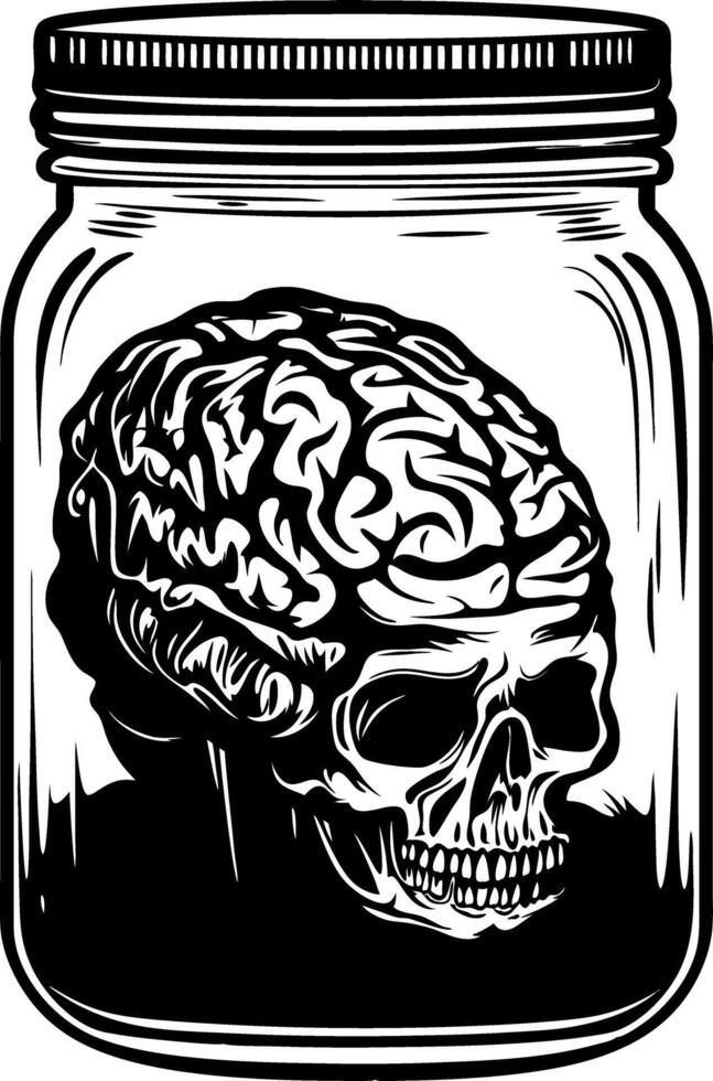 Skull Brain in Jar Illustration for Tattoo Design and Halloween Decor vector