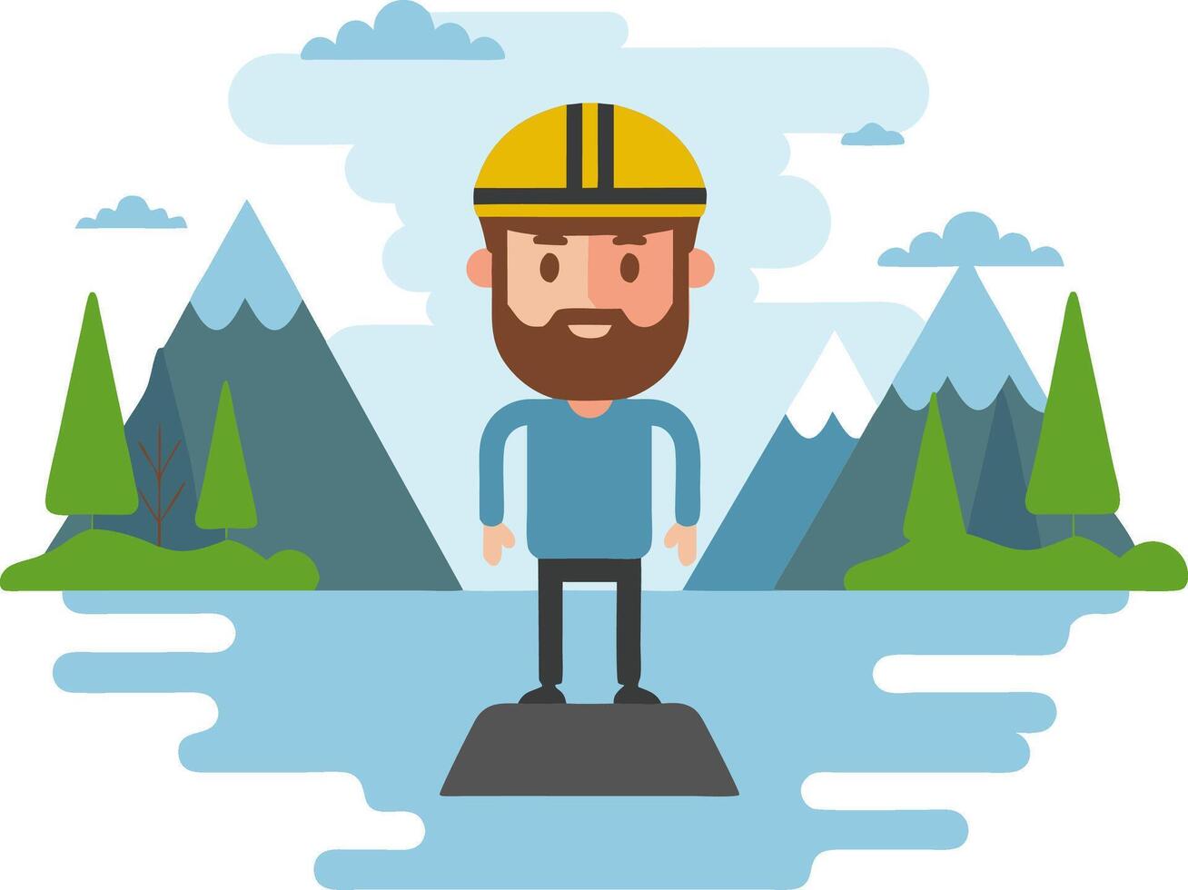 Cartoon Mountain Explorer with Beard and Helmet Scenic Art vector