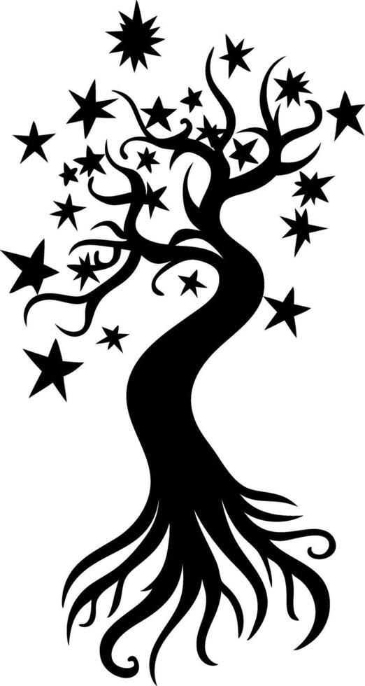 Mystical Starry Tree Silhouette Design for Tattoos and Art Projects vector