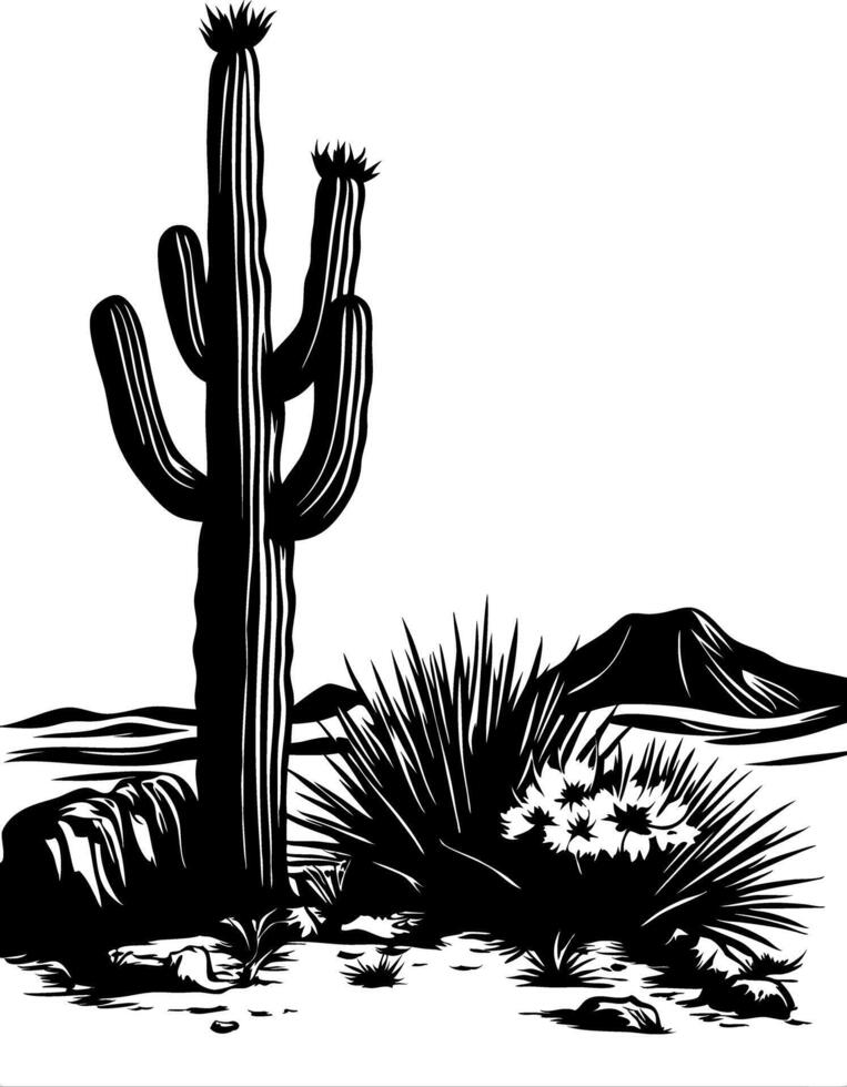 Desert Landscape with Cactus and Mountain Illustration for Wall Art and Design vector