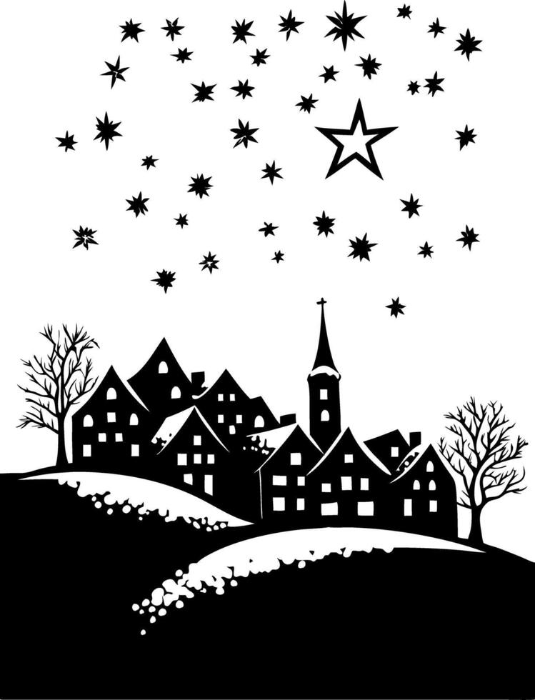Magical Night Village Silhouette with Stars and Crescent Moon for Holiday Designs vector