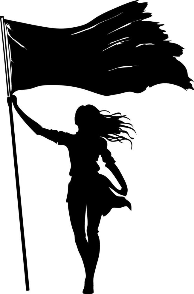 Silhouette of Woman Waving Large Flag in Wind Symbolizing Freedom and Strength vector