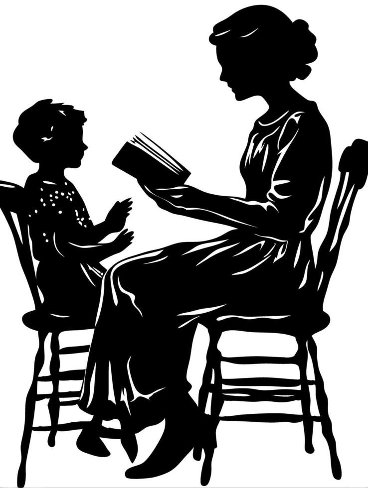 Silhouette of Mother Reading Book to Child on Chairs Family Bonding Illustration vector