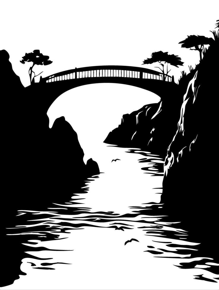 Scenic Bridge Over Water River Landscape Silhouette Art vector