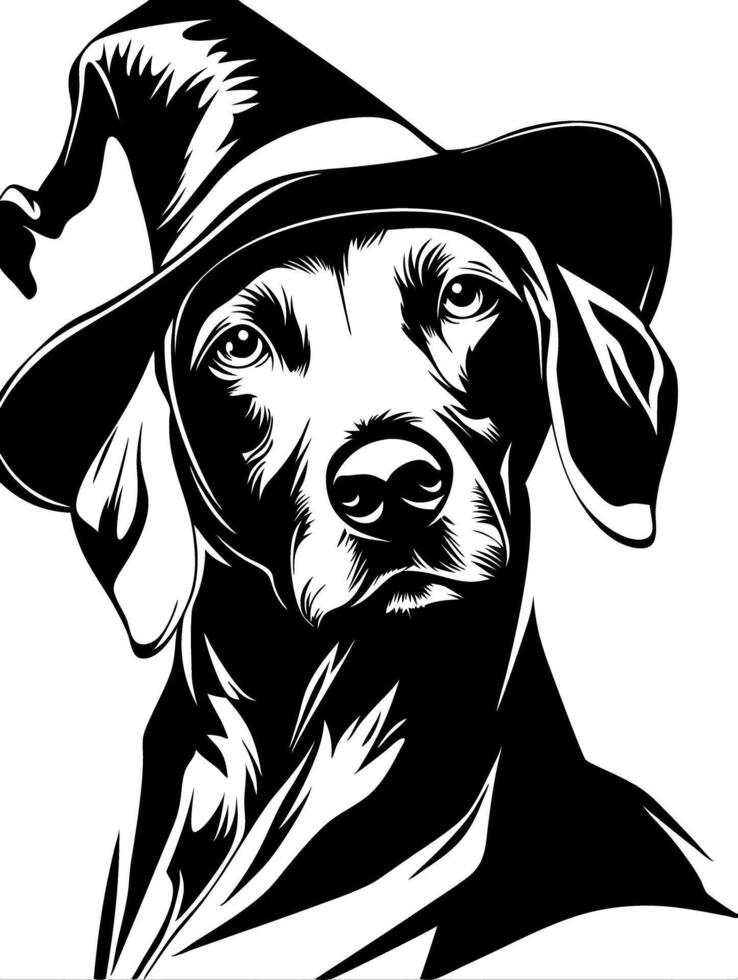 Mysterious Dog Wearing Wizard Hat Art for Tattoos and Coloring Books vector