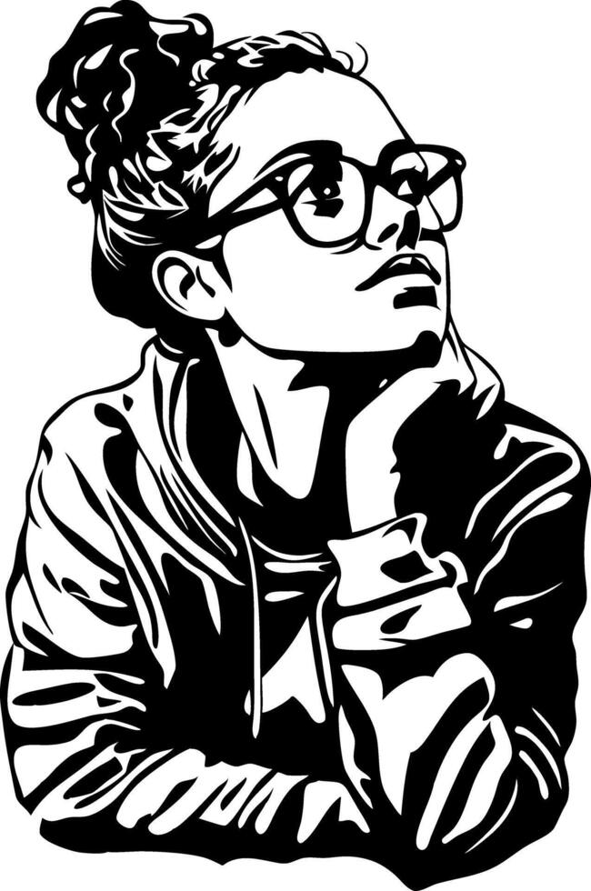 Contemplative Woman in Glasses Art for Tattoos and Poster Design vector