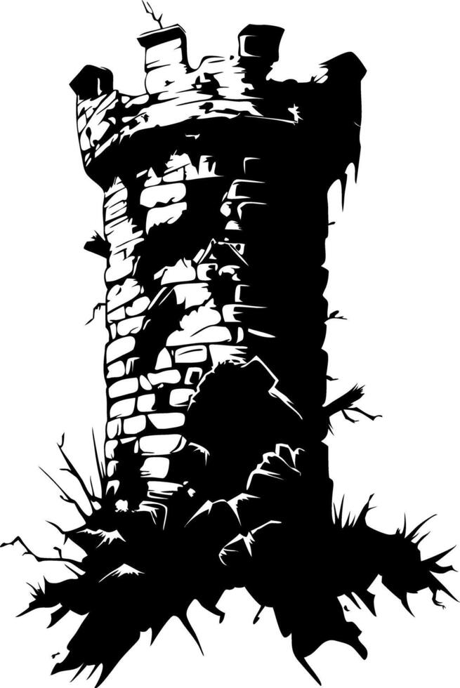 Medieval Ruined Stone Tower Silhouette for Tattoo and Coloring Book Designs vector
