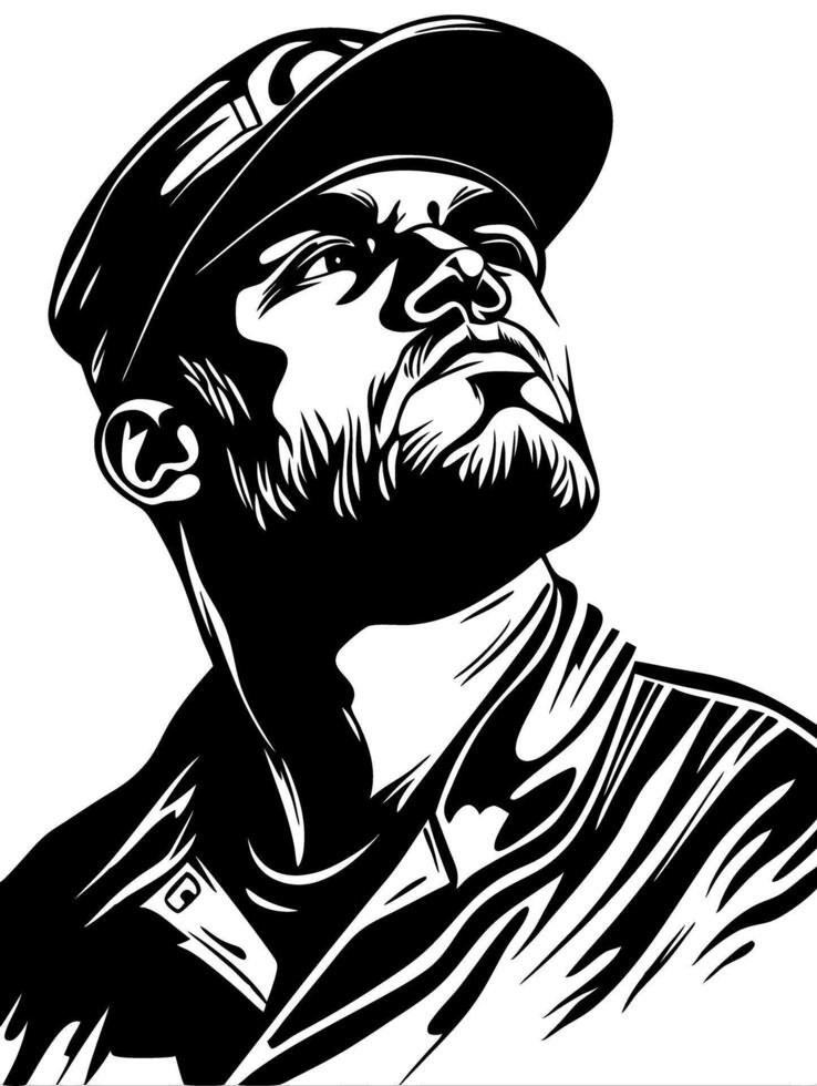 Bold Portrait of Bearded Man in Hat Looking Upward vector