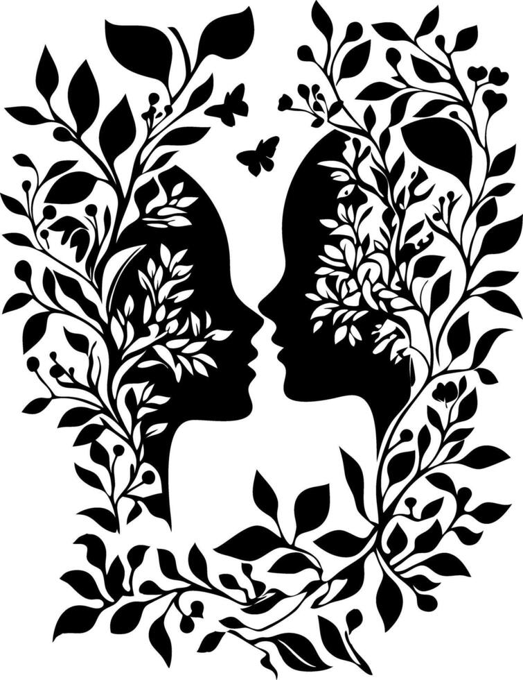 Silhouette Floral Faces with Butterflies Nature Inspired Design vector