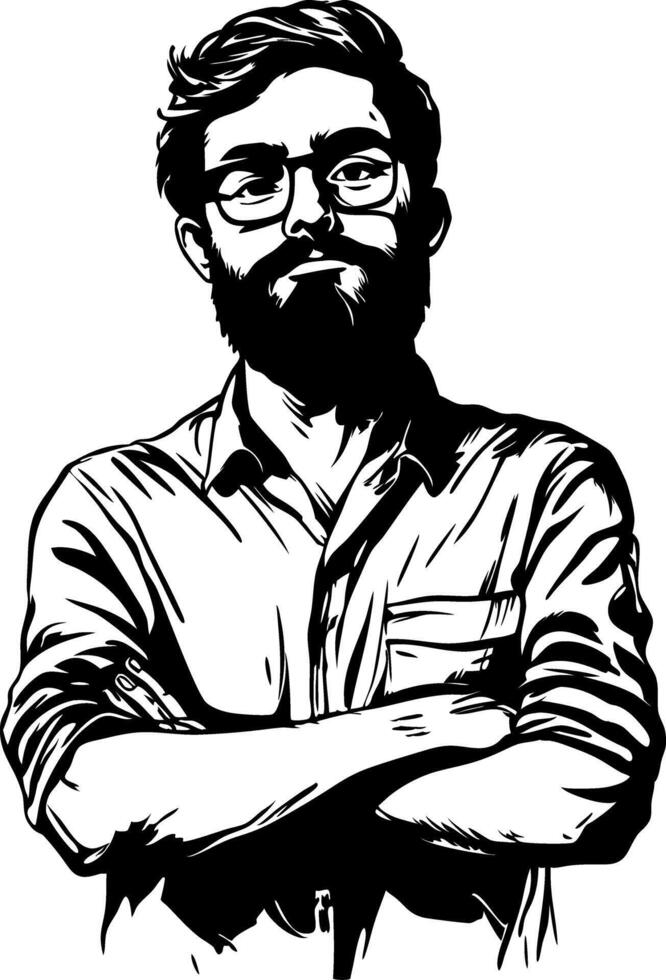 Modern Bearded Man in Glasses with Folded Arms Art vector