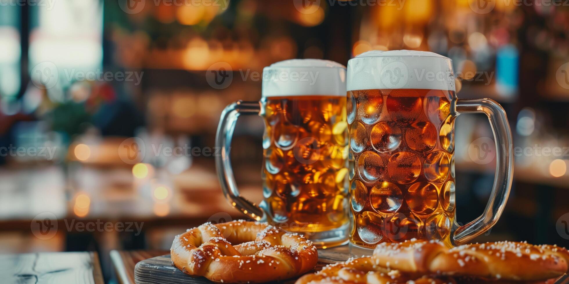 Two beer mugs on a table in a beer hall during Oktoberfest photo