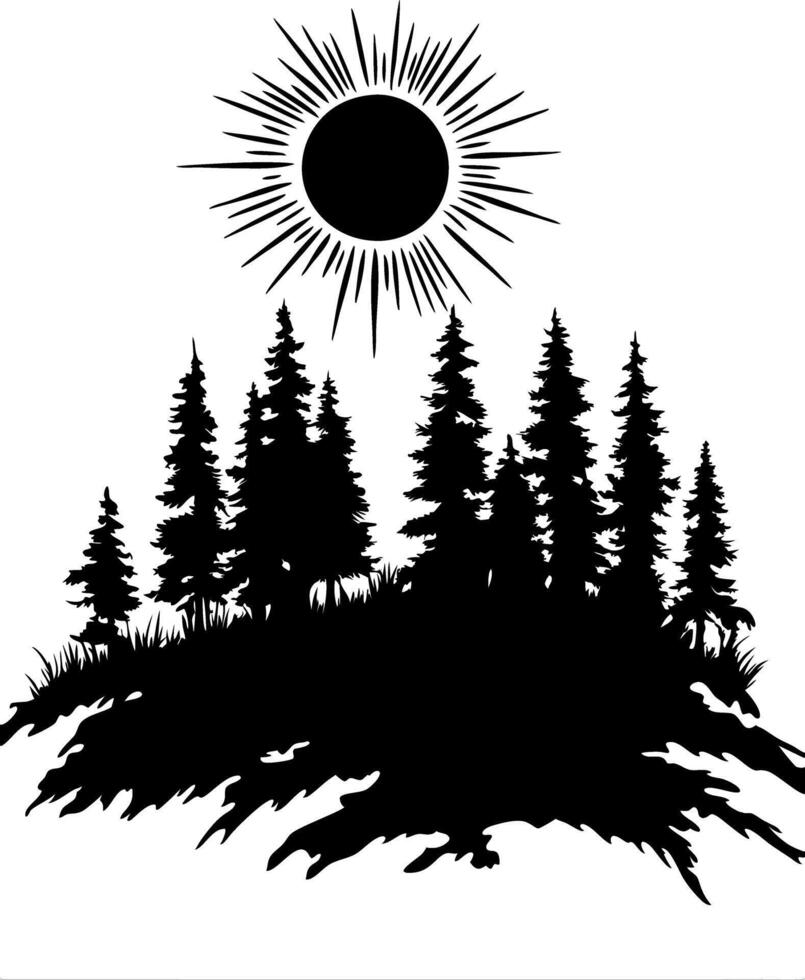 Black Silhouette Evergreen Forest with Sunburst Illustration vector
