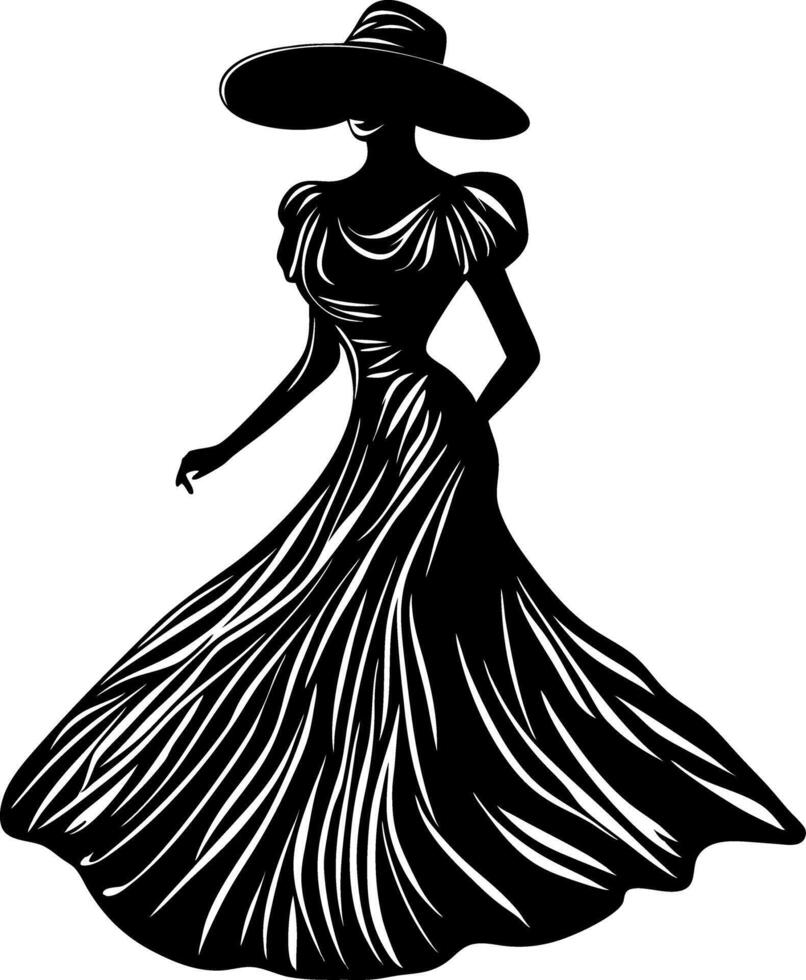 Elegant Woman Silhouette in Flowing Gown and Hat Art for Fashion Design vector