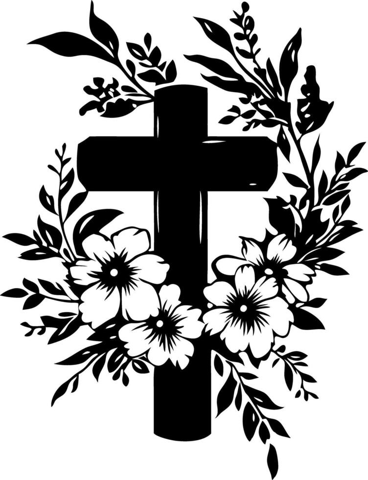 Floral Cross Silhouette with Blossoms and Leaves for Inspirational Designs vector
