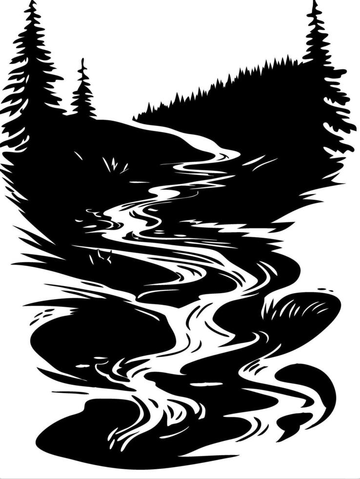 Serene Mountain Stream Silhouette Art for Nature Prints and Designs vector