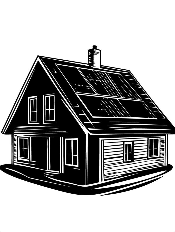 Vintage Wooden House with Solar Panels Illustration for Eco-Friendly Design vector