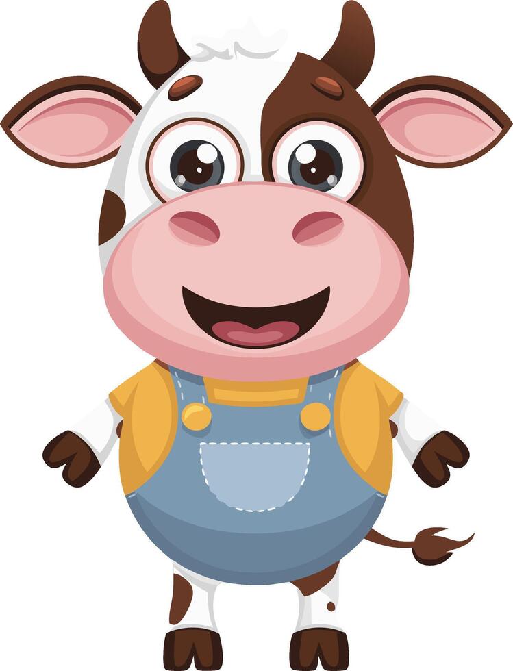 Cute Cartoon Cow in Overalls for Kids and Educational Materials vector