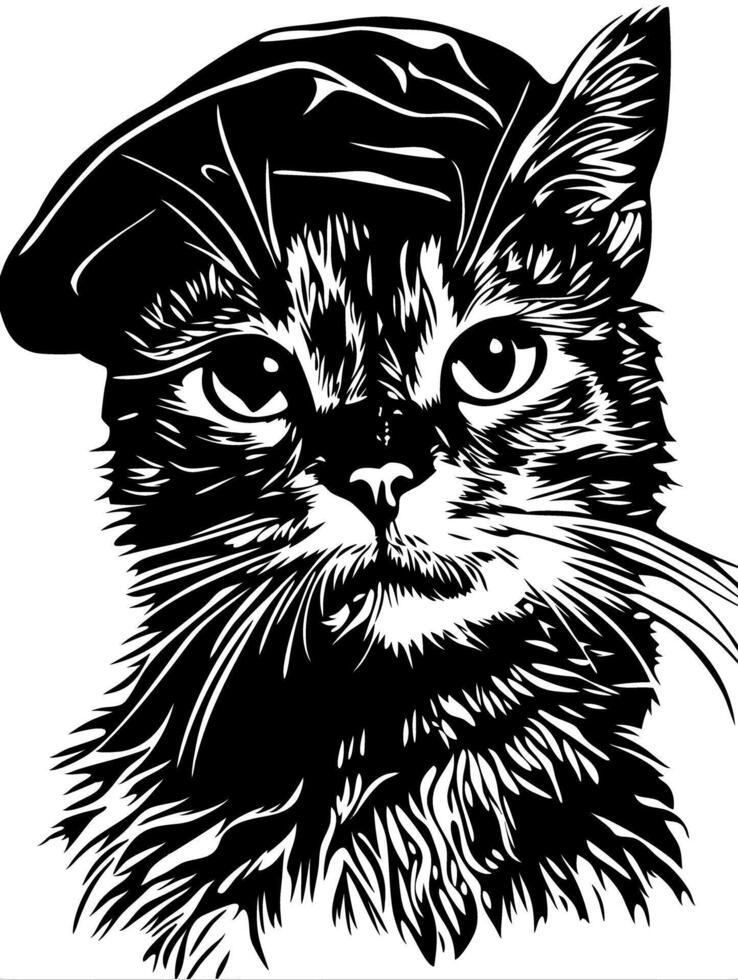 Charming Cat Wearing Beret Art for Tattoo and Design Projects vector