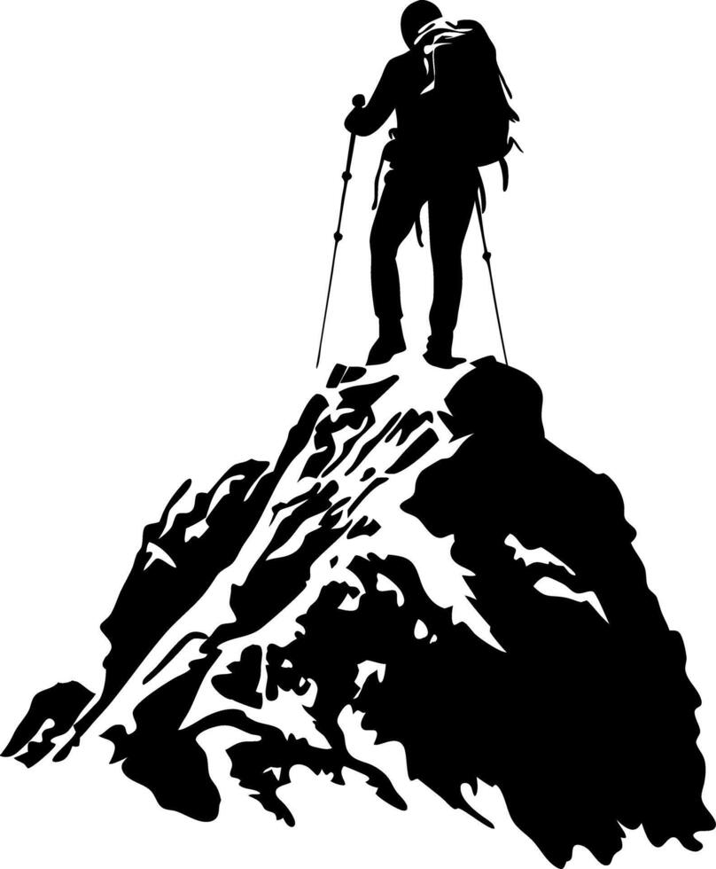 Mountain Climber Silhouette Reaching Summit with Hiking Gear Art vector