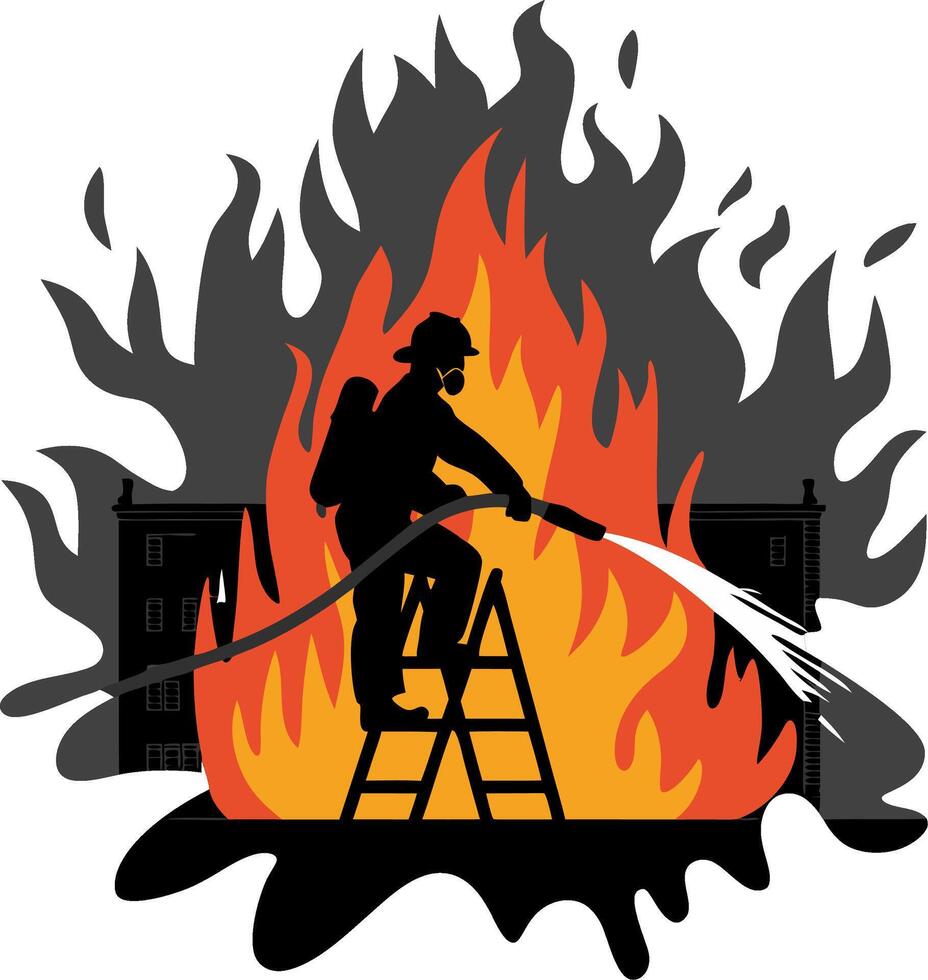 Firefighter Extinguishing Blaze Silhouette on Ladder with Flames Illustration vector