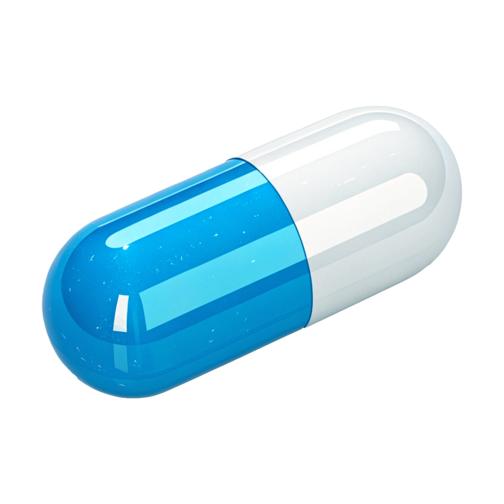 3D Rendering of Blue and White Medical Capsule with Glossy Surface png