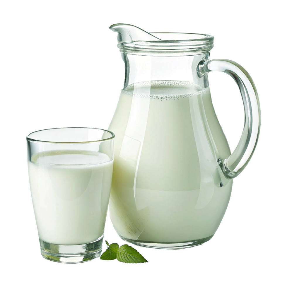 High-Resolution Product Shot of Fresh Milk in Transparent Glass Pitcher with Mint Leaves png