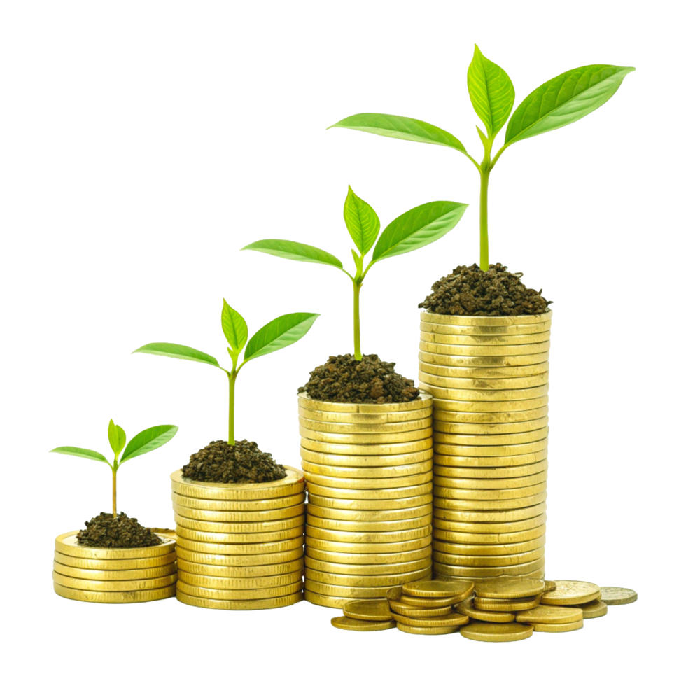 Gold Coins Stacks and Growing Plants Symbolizing Financial Growth and Prosperity png