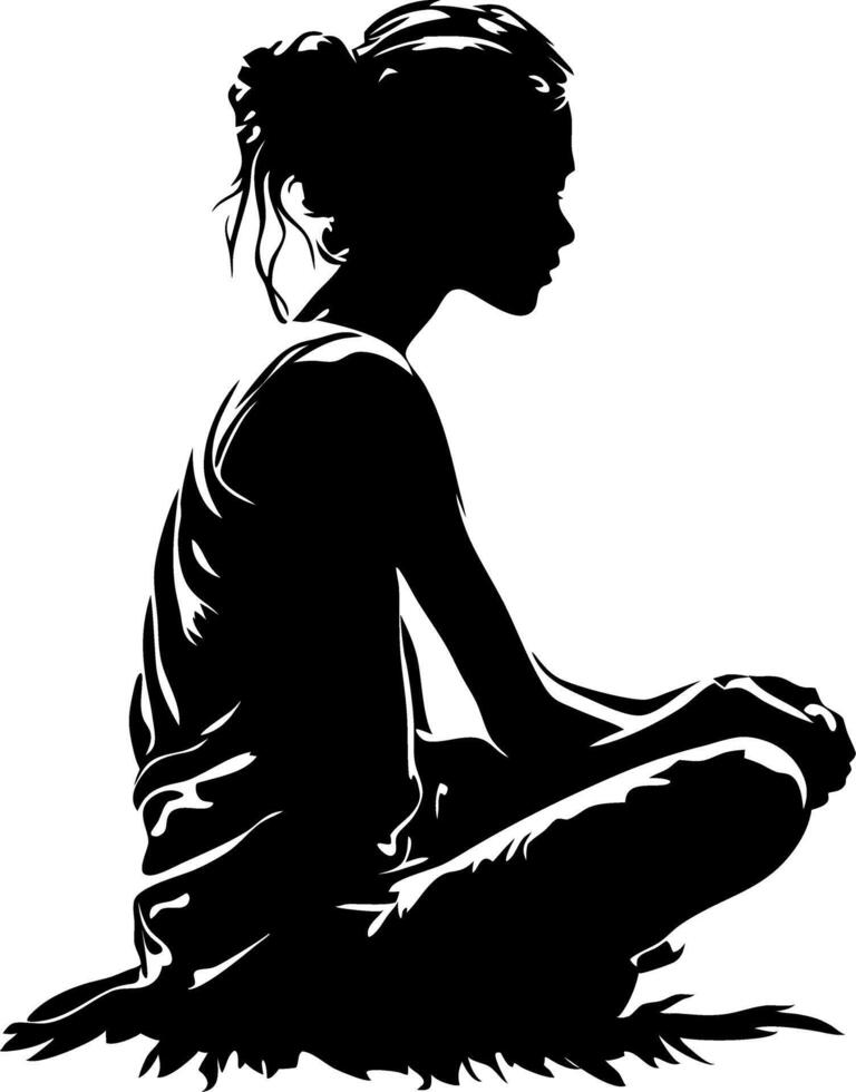 Silhouette of Woman Sitting in Meditation or Contemplation Pose Art vector