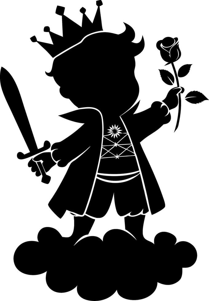 Regal Child Silhouette Holding Sword and Rose on Cloud vector