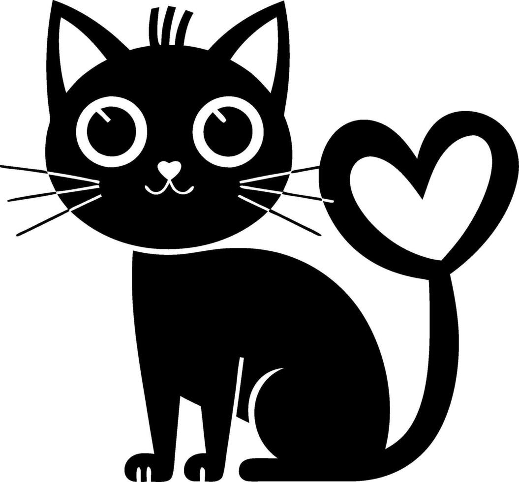 Cute Black Cat with Heart Tail Illustration for Tattoo and Coloring Book Designs vector