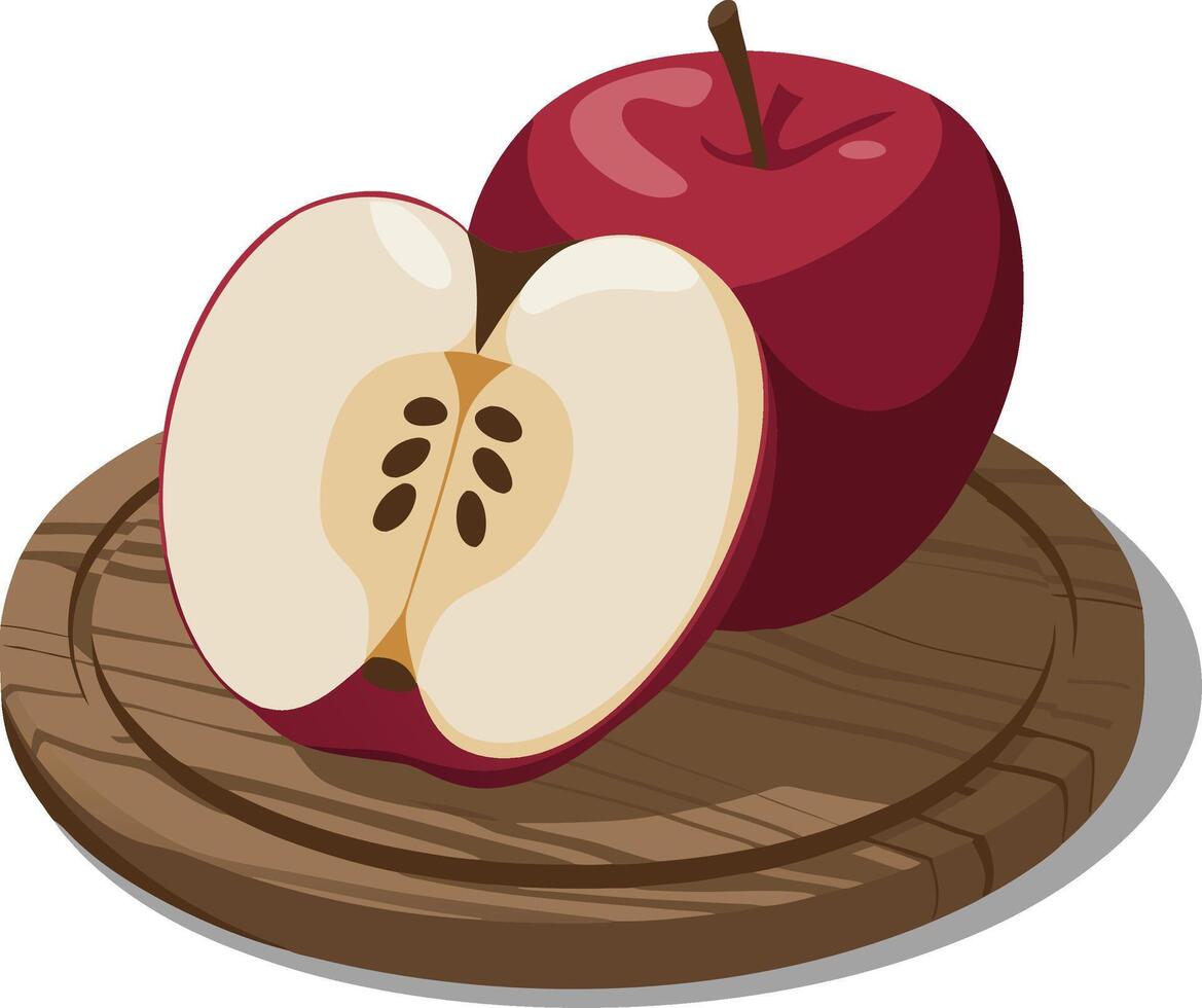 Illustration of Red Apple with Sliced Half on Wooden Cutting Board for Kitchen Decor vector