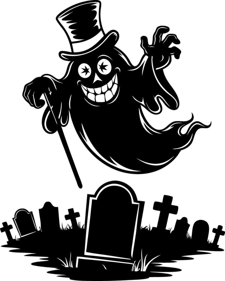 Spooky Cartoon Ghost in Top Hat with Tombstones Halloween Art vector