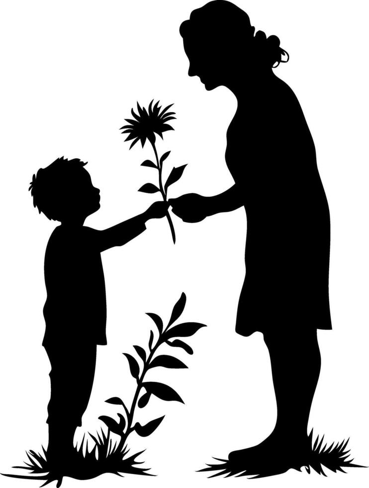 Child Giving Flower to Mother Silhouette Art for Greeting Cards and Tattoos vector
