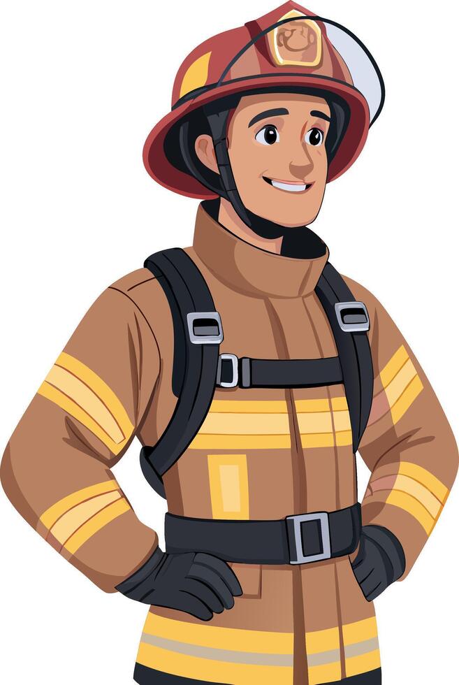 Cartoon Firefighter Character in Uniform Smiling Confidently for Safety Theme vector