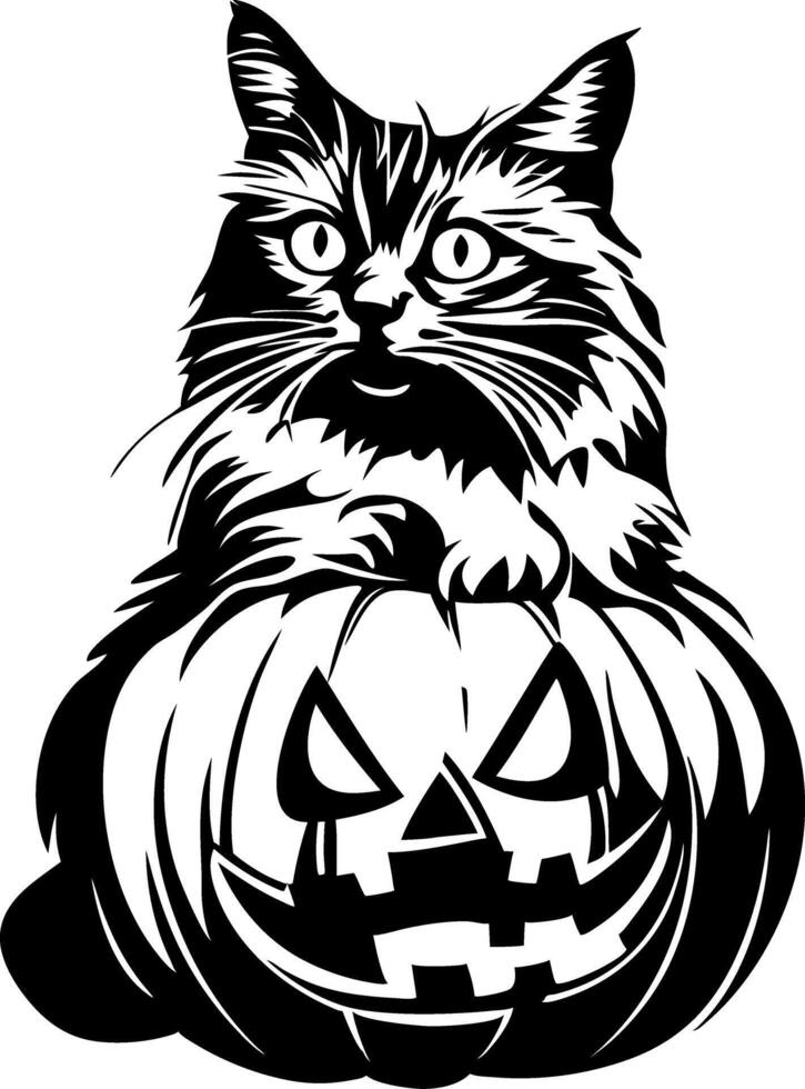 Halloween Cat on Pumpkin Art for Tattoos and Coloring Books vector