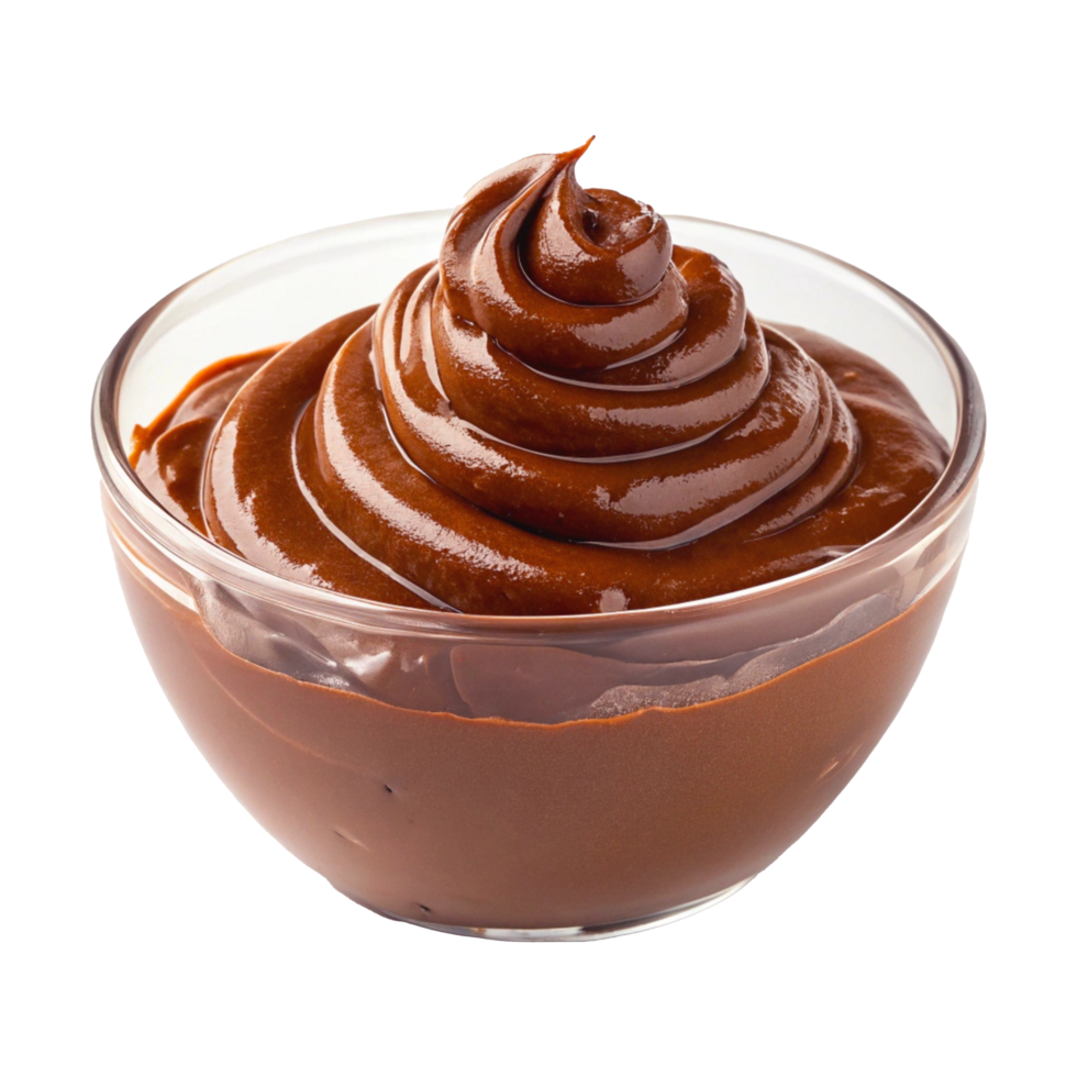 Chocolate Pudding with Swirled Topping and Glossy Surface in Glass Bowl png
