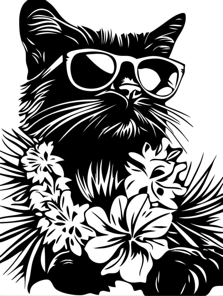 Cool Cat Wearing Sunglasses and Floral Lei Silhouette Art vector