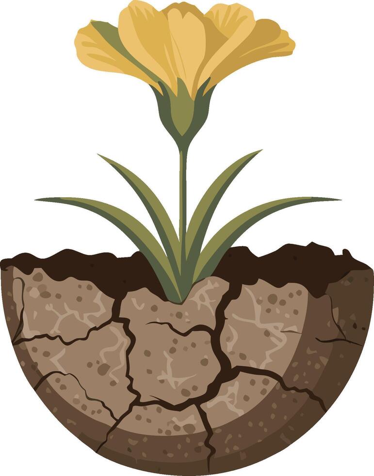 Yellow Flower Emerging from Cracked Earth Symbolizing Resilience and Growth Art vector