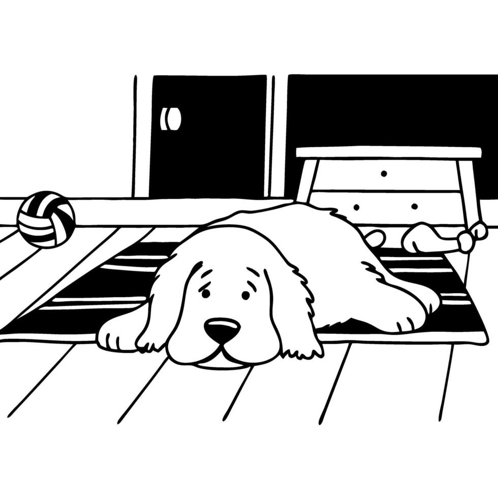 Cute Dog Resting on Rug in Cozy Room Cartoon Art vector